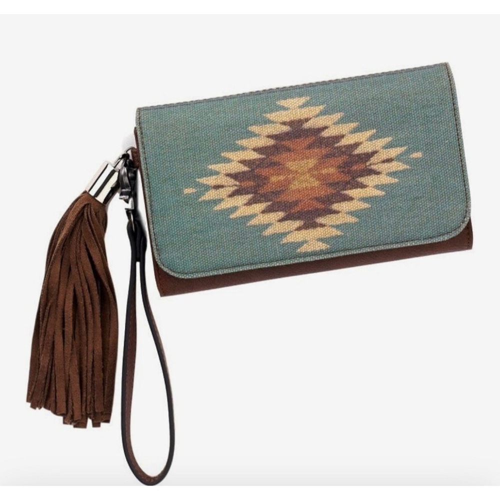 Nocona Aztec Print Wallet Wristlet Clutch Bag Western Southwestern Brown Aqua